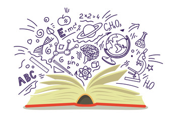 Open book with education, school, science hand drawn sketches on white background. Vector illustration.