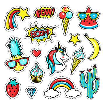 Fashion patch badges with unicorn, lips, hearts, stars, speech bubbles, rainbow; pineapple. Vector illustration in cartoon 80s-90s style.