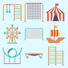 Fototapeta premium Icons set about Amusement Park with roller coaster, carousel, climb , ferris wheel, sailing boat and jumping flore