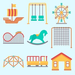 Icons set about Amusement Park with roller coaster, game zone, ferris wheel, child train, swings and climb