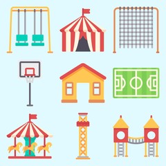 Icons set about Amusement Park with soccer field, playground, horse carousel, climb , flambards experience and swings