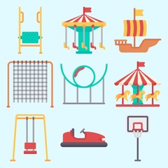 Icons set about Amusement Park with swing , horse carousel, climb , roller coaster, carousel and bumber car