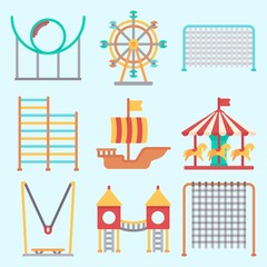 Icons set about Amusement Park with roller coaster, ferris wheel, horse carousel, sailing boat, carousel and playground