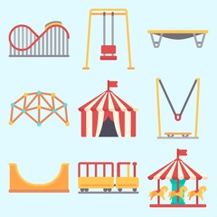 Icons set about Amusement Park with carousel, horse carousel, swing , climb , roller coaster and game zone