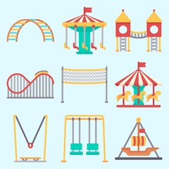 Icons set about Amusement Park with roller coaster, swing , pirate ship ride , horse carousel, carousel and playground