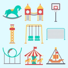 Icons set about Amusement Park with flambards experience, swing , horse carousel, swings, roller coaster and carousel