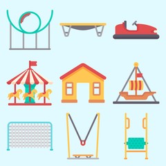 Icons set about Amusement Park with climb , bumber car, game zone, carousel, pirate ship ride  and horse carousel