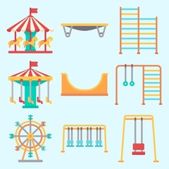 Icons set about Amusement Park with jumping flore, climb , skater, horse carousel, carousel and swing