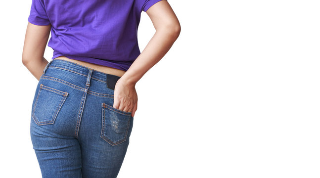Beautiful body woman with Purple T-shirt and blue jeans