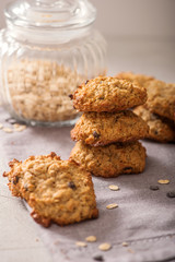 Healthy oatmeal cookies, vegan and vegetarian sweets, energy snack, homemade baked biscuits for dessert with oats