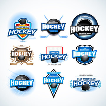 Hockey sport team logotype templates set. Hockey team logo template. Hockey emblem, logotype template, t-shirt apparel design. Sport badge for tournament or championship. Isolated vector illustrations