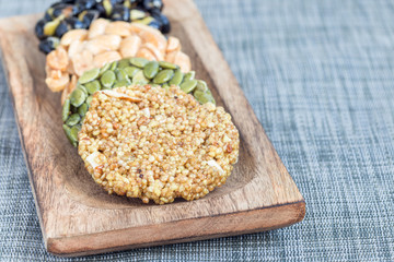 Korean traditional sweet snacks on wooden plate, horizontal, copy space