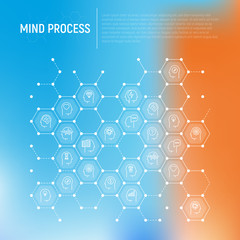 Mind process concept in honeycombs with thin line icons: intelligence, passion, conflict, innovation, time management, exploration, education, logical thinking. Modern vector illustration.