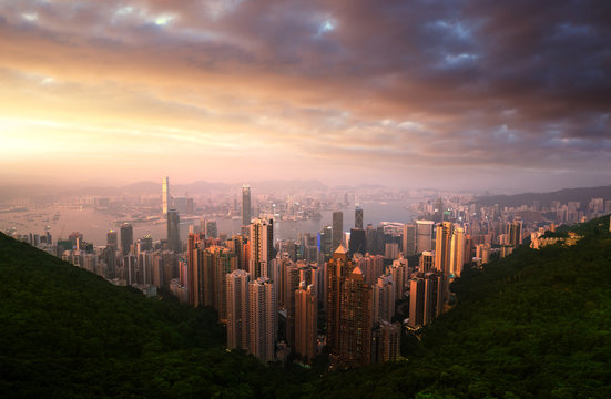 Sunset over Victoria Harbor from Victoria Peak in Hong Kong