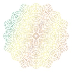 Mandala flower circular green, yellow vintage decorative element. Oriental floral ethnic pattern. Hand drawn isolated vector illustration. Indian, Chinese, Turkish, Islam, Arabic, Ottoman motifs