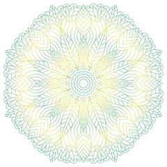 Mandala flower circular green, yellow vintage decorative element. Oriental floral ethnic pattern. Hand drawn isolated vector illustration. Indian, Chinese, Turkish, Islam, Arabic, Ottoman motifs