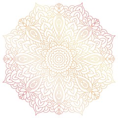 Mandala flower circular pink, yellow, purple vintage decorative element. Oriental floral ethnic pattern. Hand drawn isolated vector illustration. Indian, Chinese, Turkish, Islam, Arabic, Ottoman motif