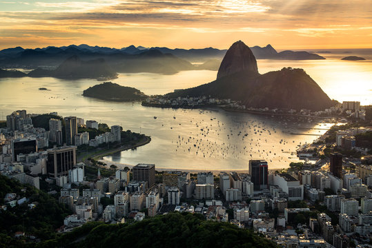 View of Rio de Janeiro City Landmark - the Sugarloaf Mountain, with the Sun Shining Above