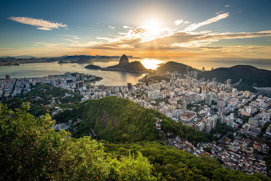 View of Rio de Janeiro City Landmark - the Sugarloaf Mountain, with the Sun Shining Above