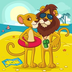 Лев и львица стоят на фоне моря и пляжа. Они отдыхают. Иллюстрация для дизайна.