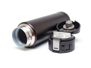 opened burgundy vacuum tumbler with safety lock on white background