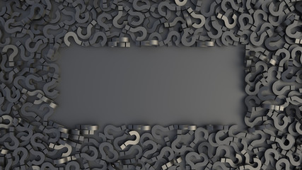 A lot of black question marks with black background in center for your text. 3D Rendering.