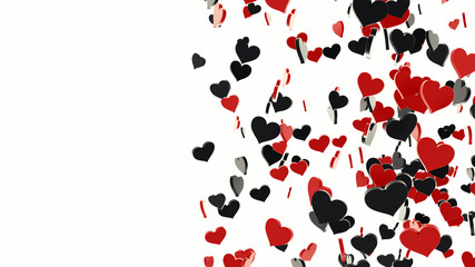 A lot of red and black hearts on white background. Concept for Valentine's Day, Women's Day, and others. 3D Rendering.
