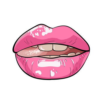 Lips, Female, Moist, Ajar, With A Protruding Tongue.