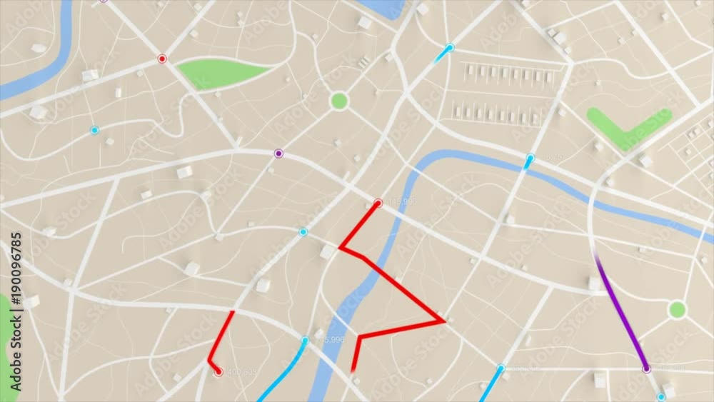 Poster 4k animation aerial view of map with 3d building and destination moving location path