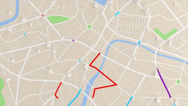 4K animation aerial view of map with 3d building and destination moving location path 