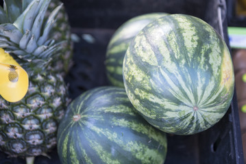 Fresh watermelon and pineapple in a large plastic crate  