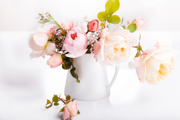 Naklejka na ściany i meble Bouquet of English rose in vase, gift, red candles in the shape of heart, ribbon. Greeting card, invitation in light pastel colors.
