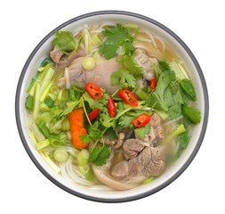 A noodle soup bowl: pork, pepper and onion