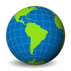 Earth globe with green world map and blue seas and oceans focused on South America. With thin white meridians and parallels. 3D vector illustration.