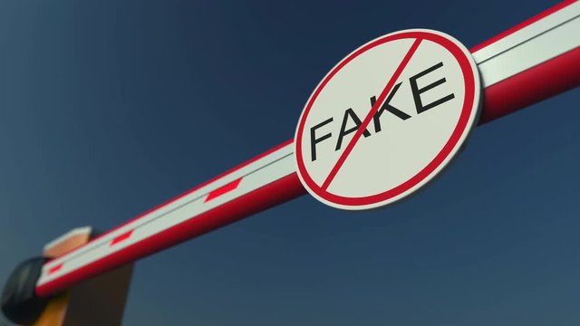 Closing barrier gate with NO FAKE sign. Conceptual animation