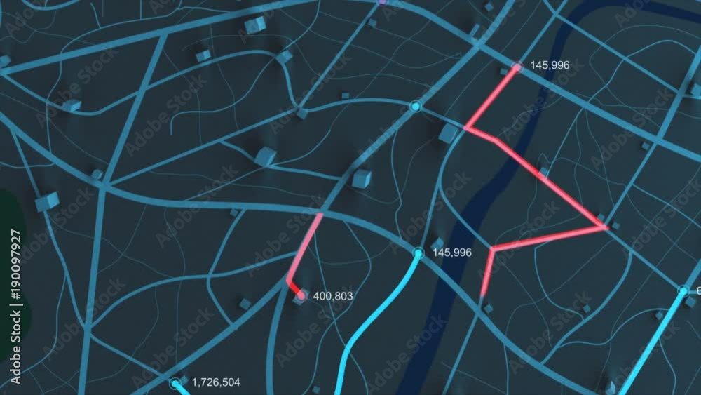 Poster 4k animation aerial view of night map with 3d building and destination moving location path with gra