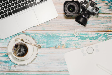 Hipster photographer and blogger workspace