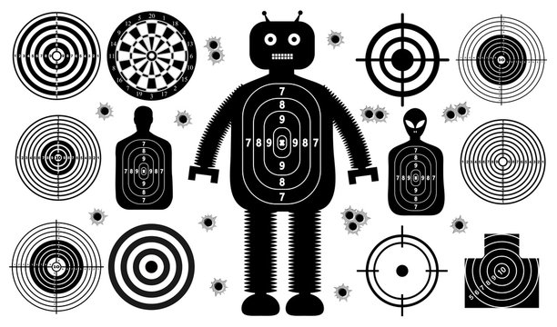 Set of targets shoot gun aim people man isolated. Sport Practice Training. Sight, bullet holes. Targets for shooting. Darts board, archery. vector illustration.