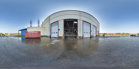 360 panorama view in modern waste hazardous recycling plant and storage. Full 360 by 180 degree...