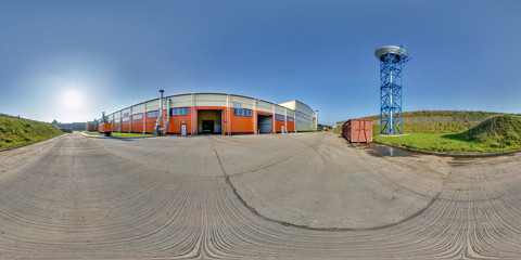 360 panorama view in modern waste hazardous recycling plant and storage. Full 360 by 180 degree...