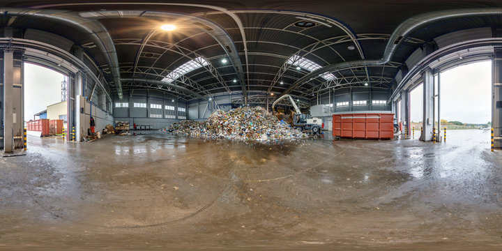 360 panorama view in modern waste hazardous recycling plant and storage. Full 360 by 180 degree panorama in equirectangular spherical projection, skybox VR content