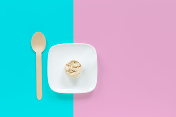 Protein powder in scoop on small plate with spoon
