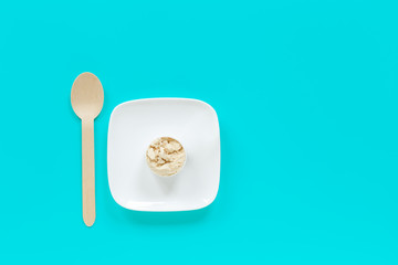 Protein powder in scoop on small plate with spoon