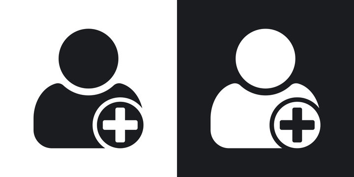 Vector add user icon with plus glyph. Two-tone version on black and white background