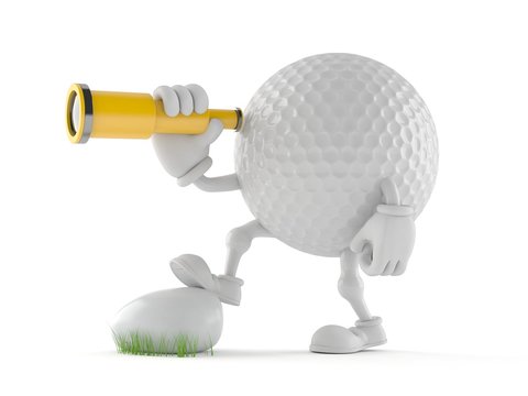 Golf ball character looking through a telescope