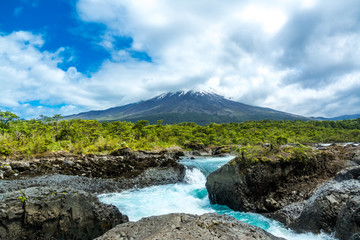 Osorno volcano view from Petrohue waterfall, beautiful Los Lagos landscape, Chile, South America
