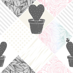 Hand drawn floral patchwork seamless pattern with cactus. Abstract modern background