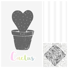 Hand drawn greeting card with cactus silhouette. Abstract background and two geometric seamless patterns