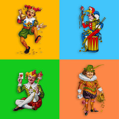 Cztery karciane jokery w kolorowych kwadratach - obrazy, fototapety, plakaty