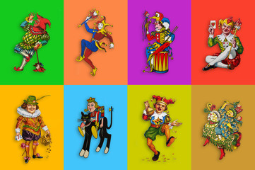 Osiem karcianych jokerów w kolorowych prostokątach